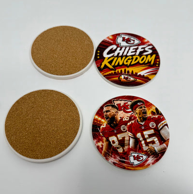 Kansas City Chiefs Ceramic Coaster Set of 4 – UV Printed Football Drink Coasters with Cork Backing – KC Fan Gift